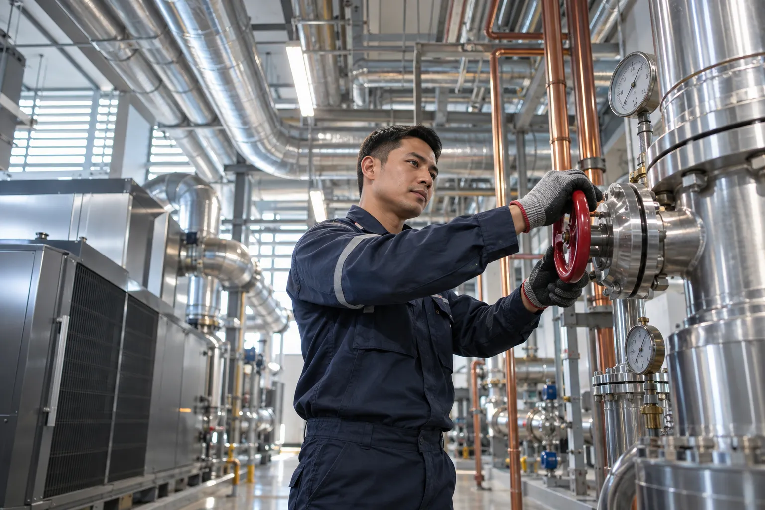 Engineer performing precision maintenance on modern HVAC system in commercial plant room