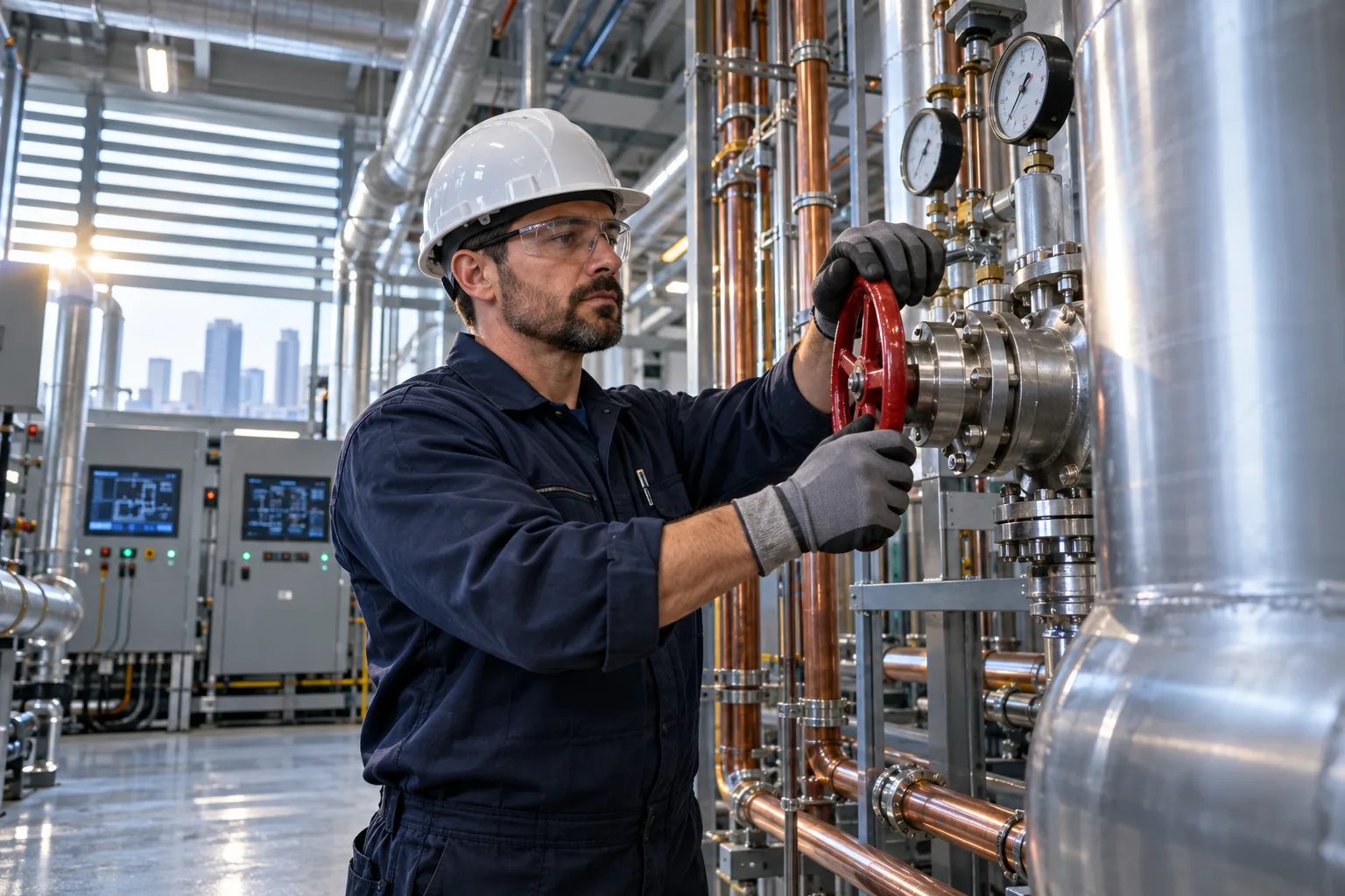 Technician performing precision maintenance in a modern commercial plant room
