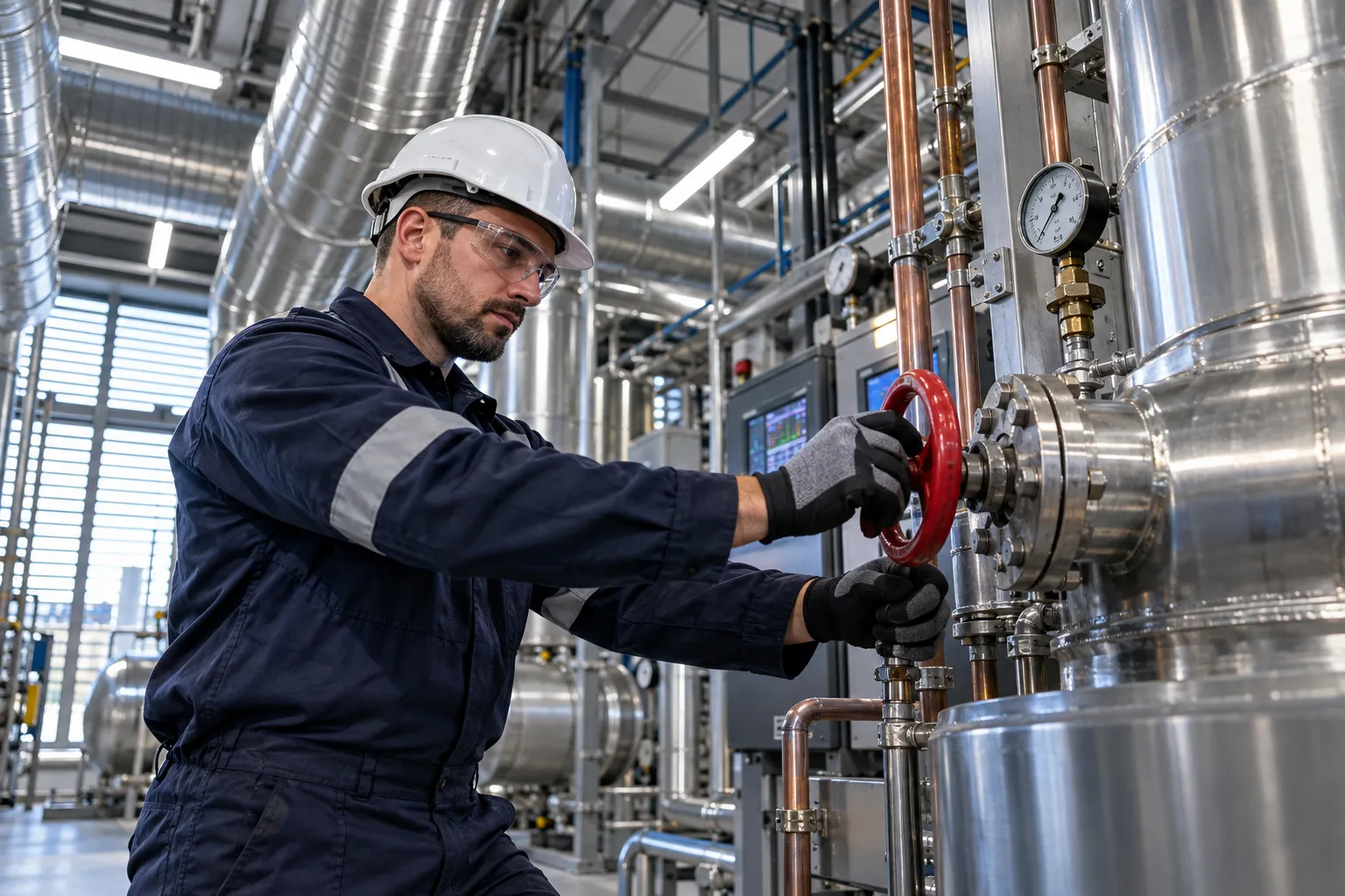 Industrial electrician maintaining modern HVAC systems in commercial plant room