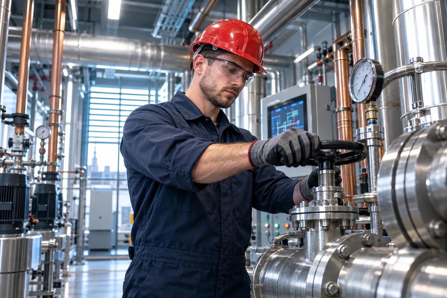 Electrician performing precision maintenance on modern commercial HVAC plant room equipment