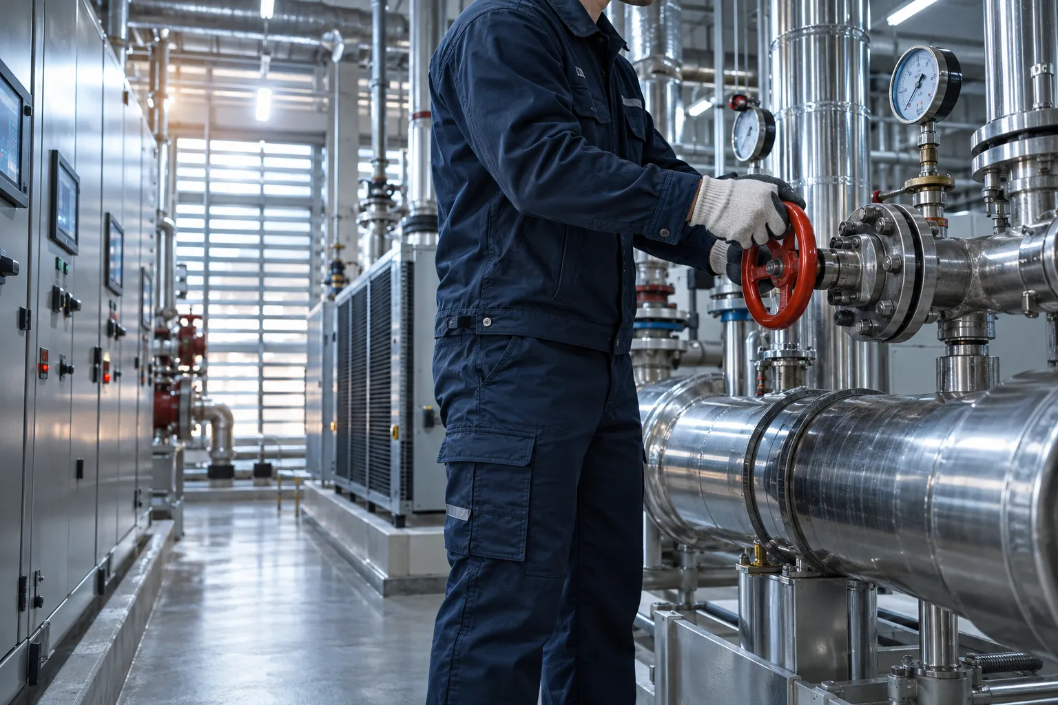 Technician performing precision maintenance on modern HVAC equipment in commercial plant room