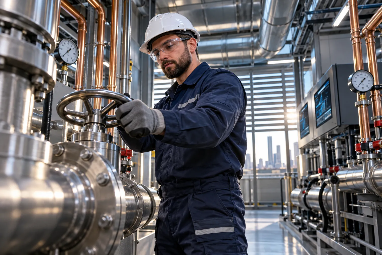 Technician maintaining modern HVAC system in commercial plant room