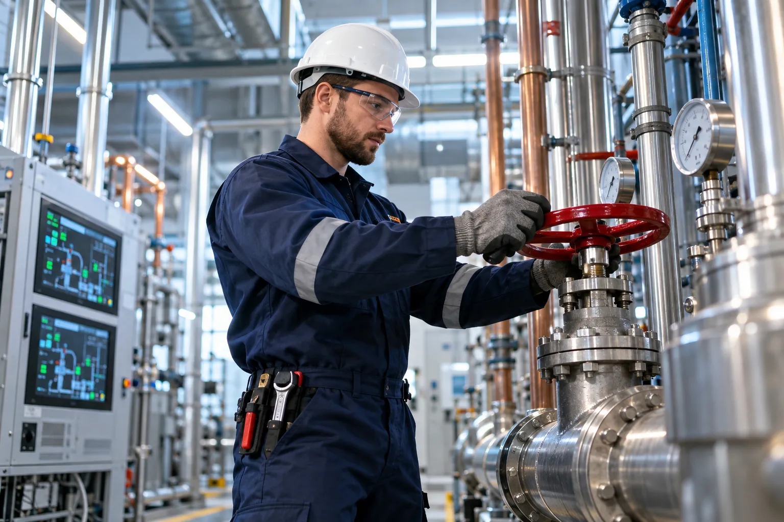 Electrician in hi-vis vest inspecting electrical panel in modern commercial plant room
