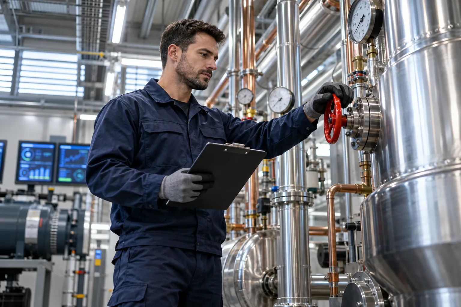 Technician performing precision maintenance on modern HVAC system in commercial plant room