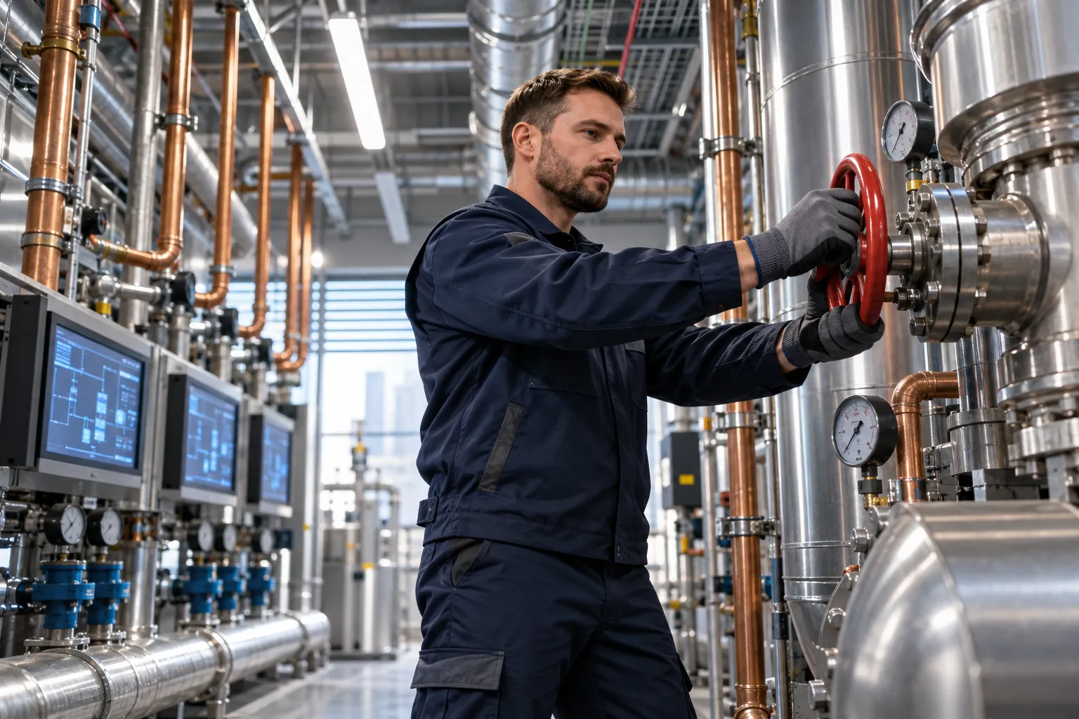 Technician inspecting modern HVAC systems in a clean commercial plant room