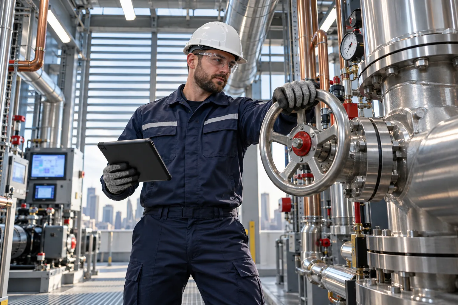 Engineer inspecting modern HVAC system in commercial plant room