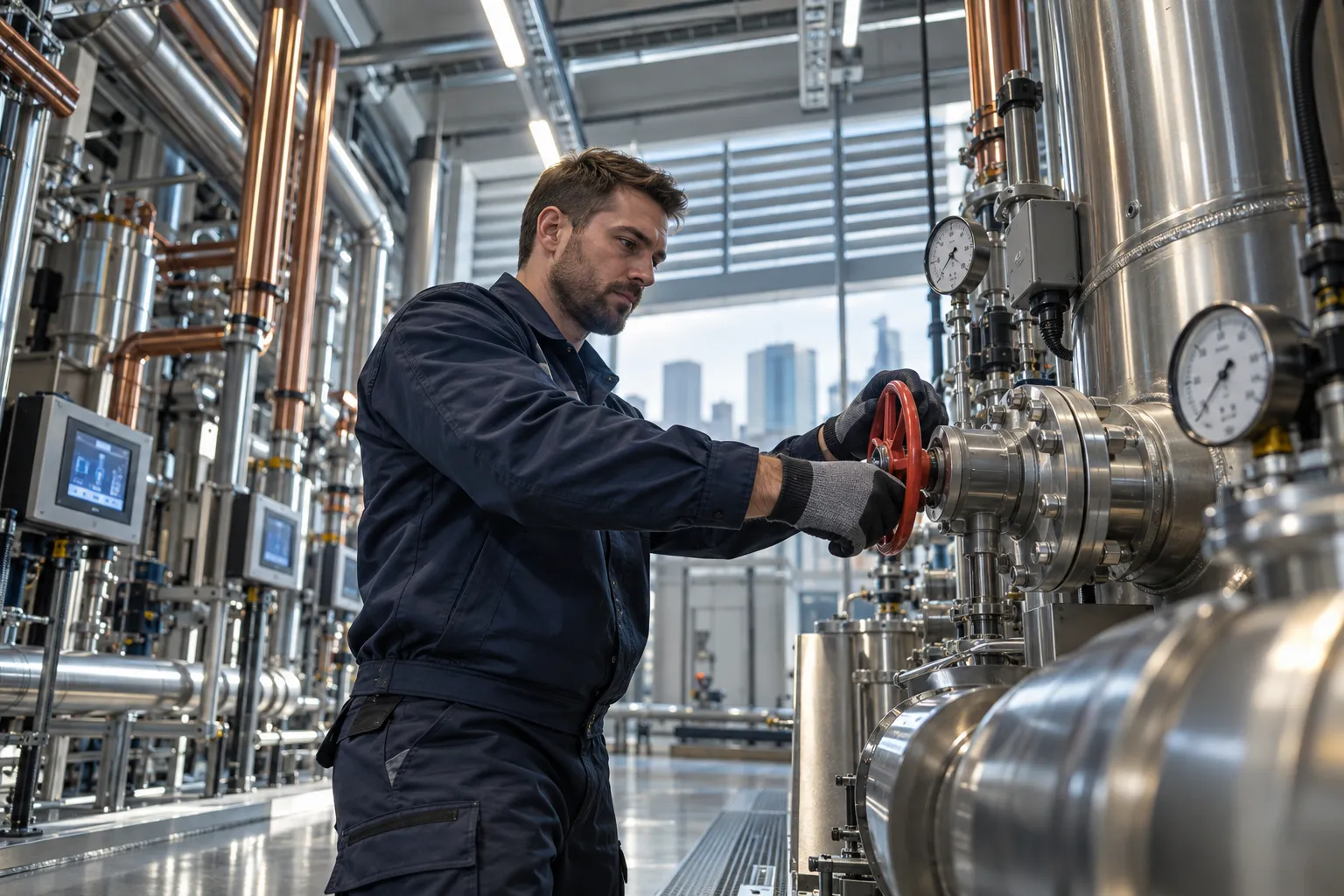 Modern commercial plant room with HVAC systems and precision maintenance equipment