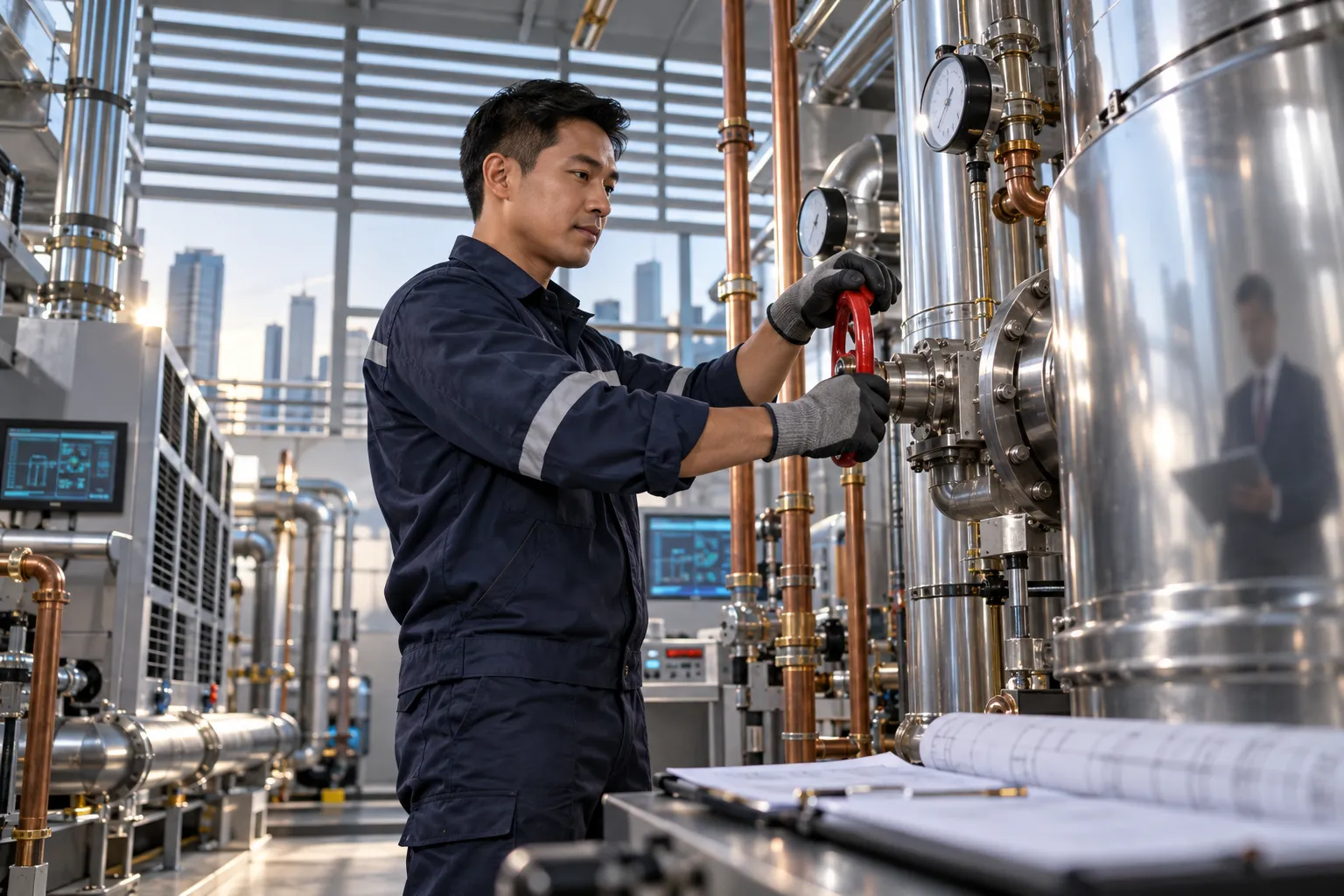 Engineer inspecting modern commercial HVAC plant room equipment