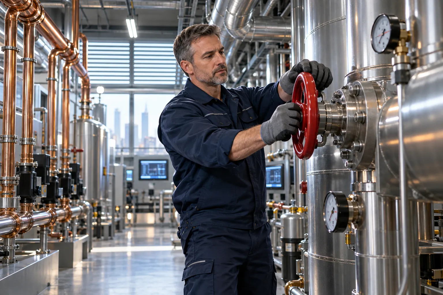 Modern commercial plant room with HVAC systems and precision maintenance equipment