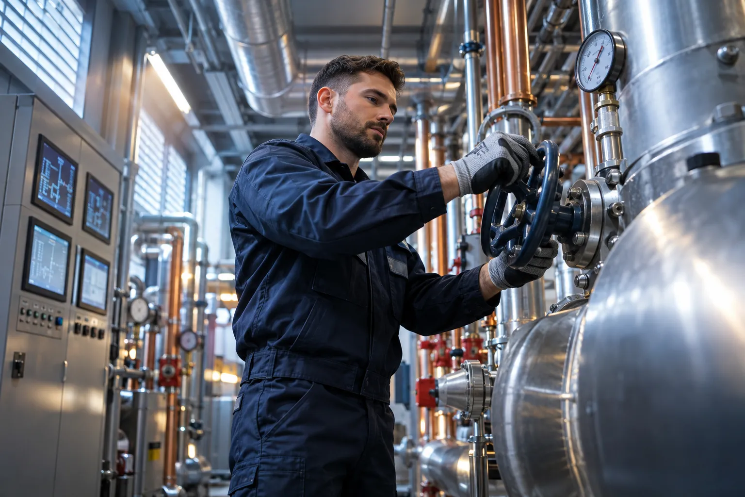 Industrial electrician performing precision maintenance on modern HVAC systems in commercial plant room
