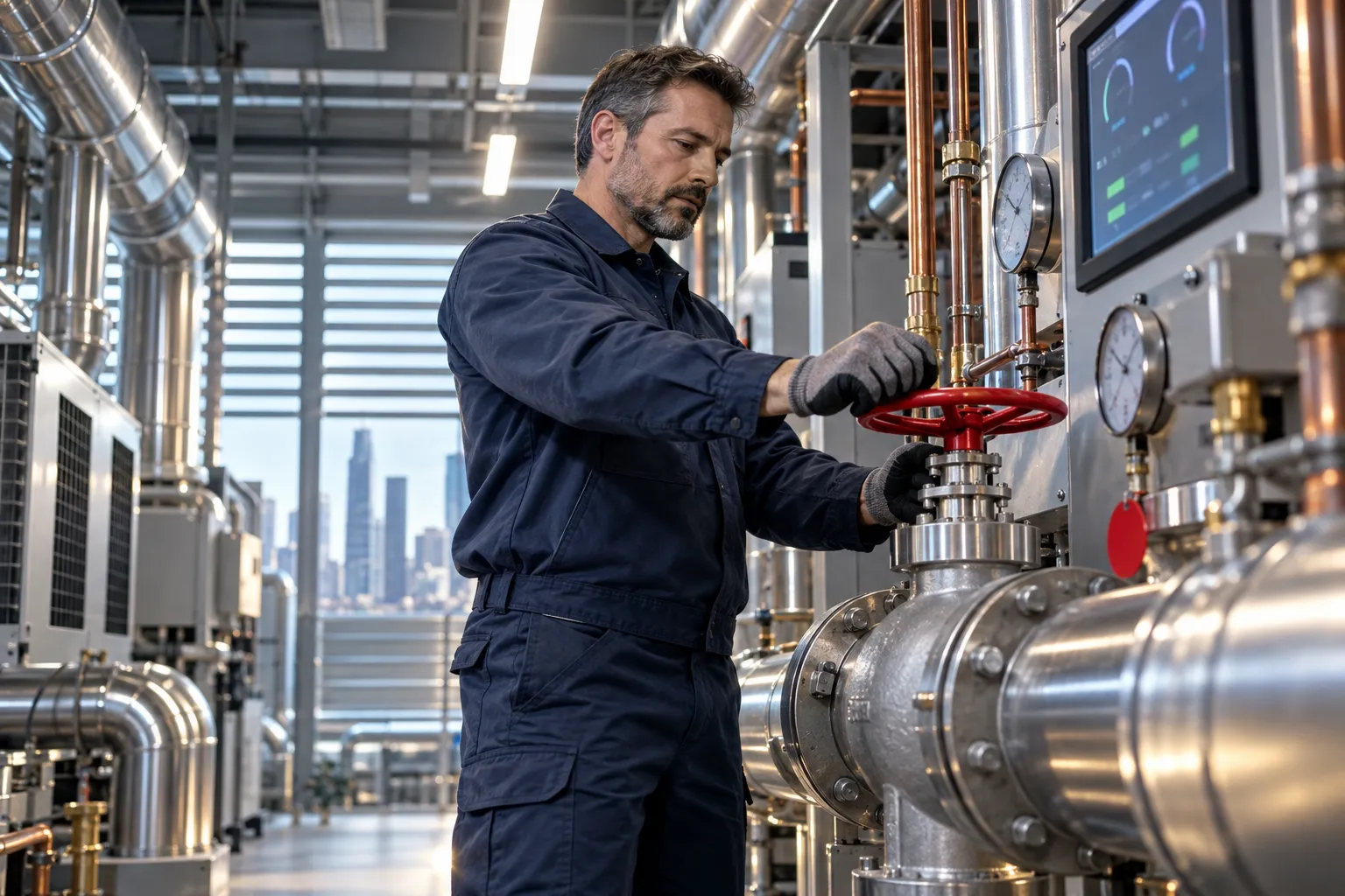 Technician inspecting modern HVAC equipment in clean commercial plant room
