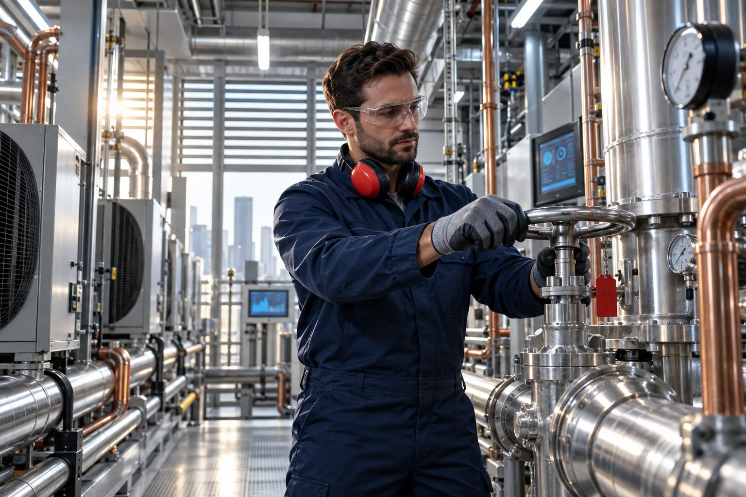 Technician inspecting commercial HVAC equipment in modern plant room