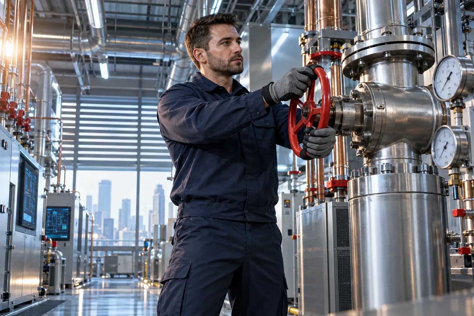 Technician maintaining modern commercial HVAC system in plant room