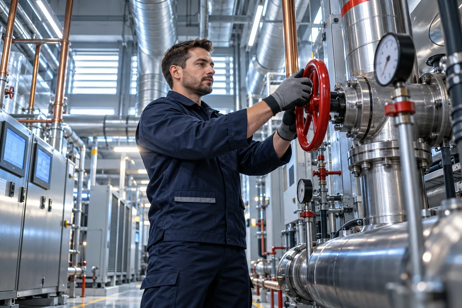 Technician inspecting modern HVAC ventilation unit in commercial plant room