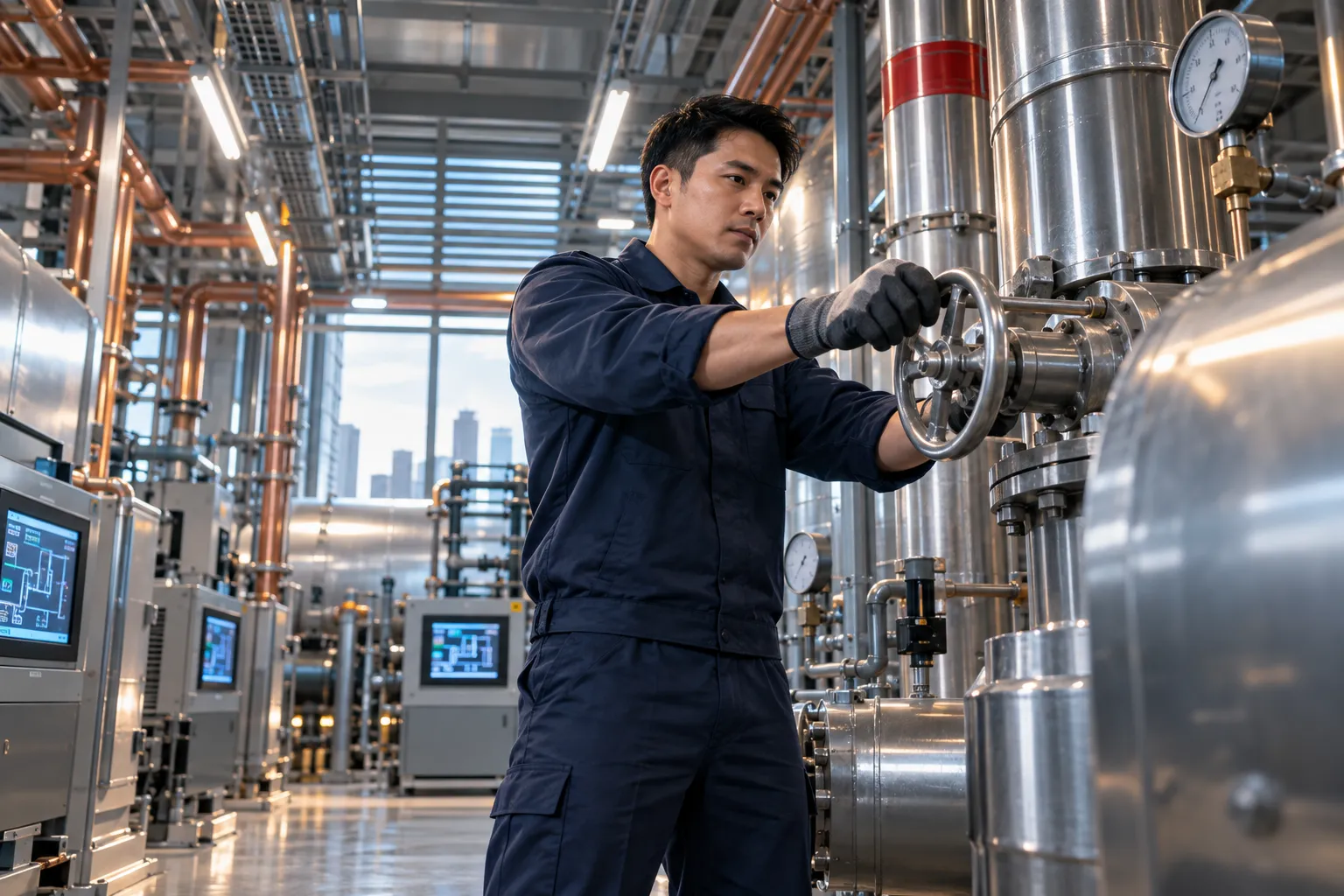 Engineer performing precision maintenance on modern commercial HVAC plant room equipment