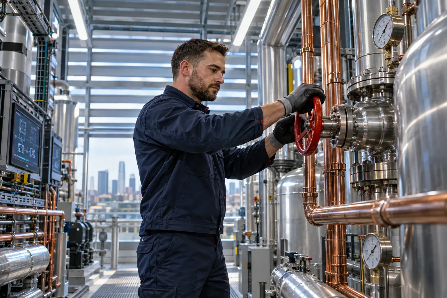 Technician performing precision maintenance on modern HVAC systems in commercial plant room