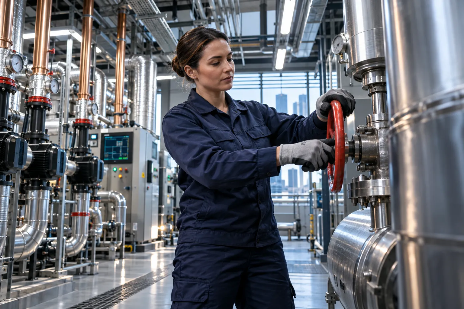 Professional electrician maintaining modern HVAC systems in commercial plant room