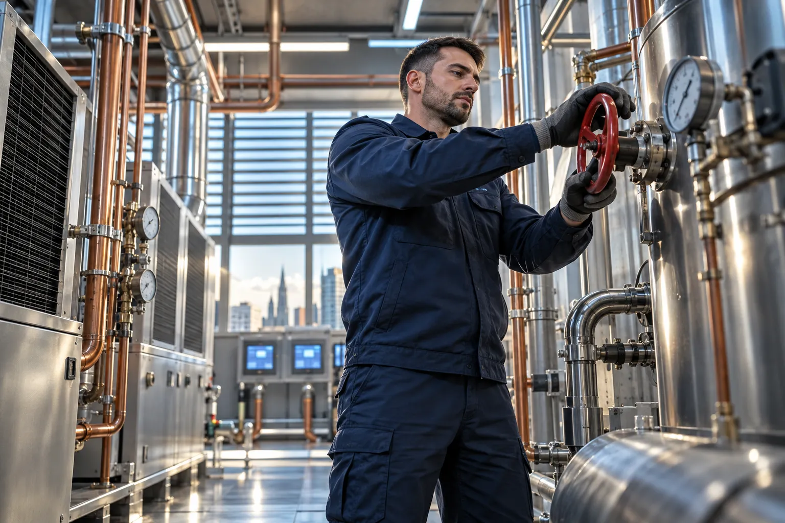 Technician inspecting modern HVAC equipment in a clean commercial plant room