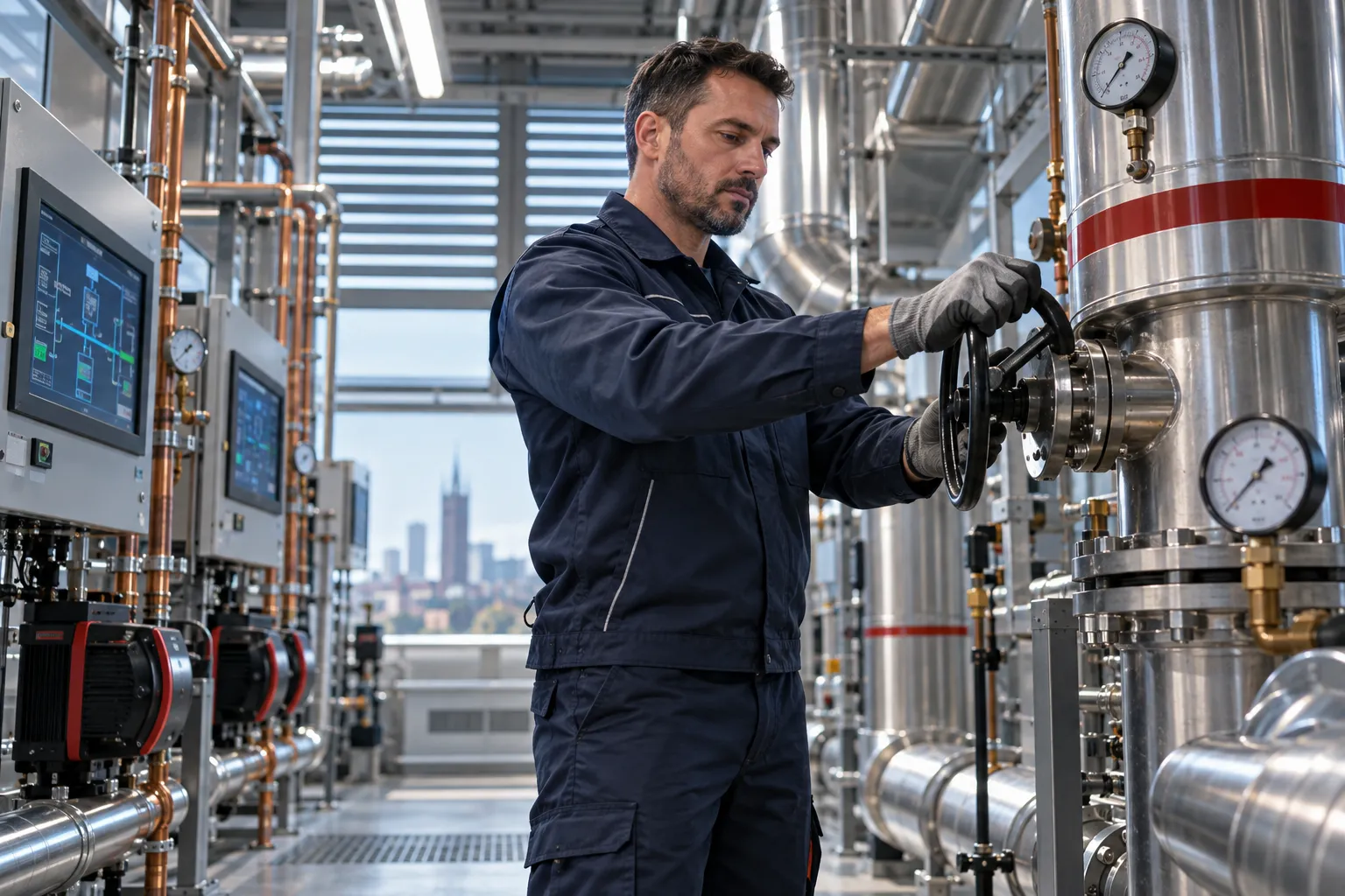 Technician inspecting modern HVAC equipment in a clean commercial plant room